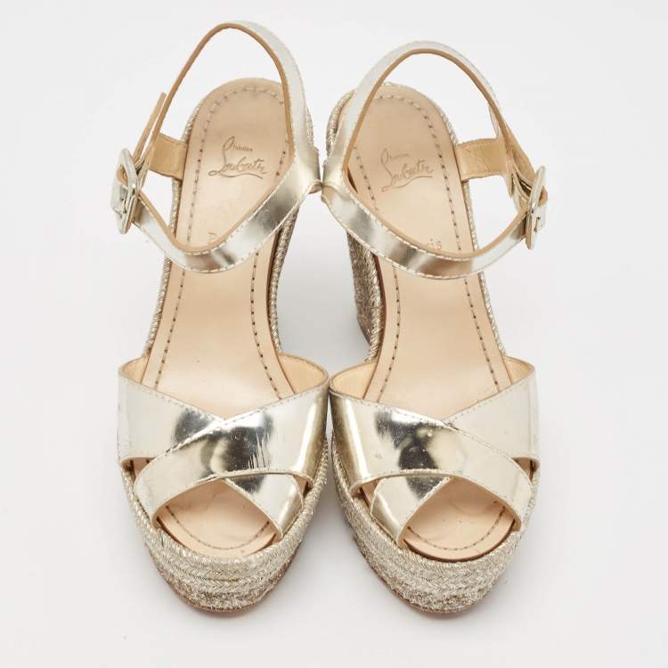 Pre Owned Christian Louboutin Metallic Leather Almeria Platform Wedge Sandals Size 38