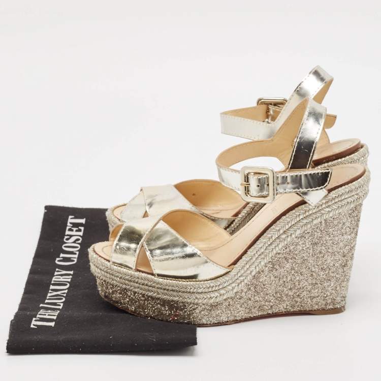 Pre Owned Christian Louboutin Metallic Leather Almeria Platform Wedge Sandals Size 38
