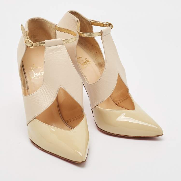 Pre Owned Christian Louboutin Beige/Nude Leather and Patent Leather Dictata Pumps Size 35.5