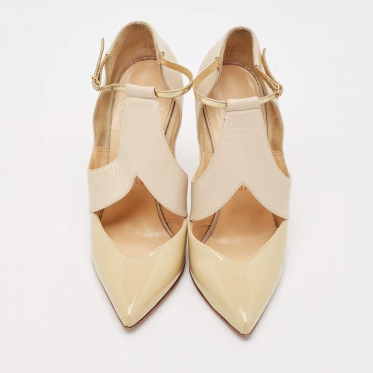 Pre Owned Christian Louboutin Beige/Nude Leather and Patent Leather Dictata Pumps Size 35.5