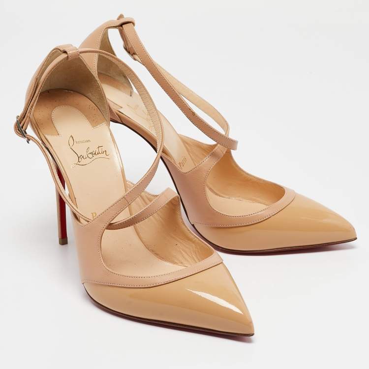 Pre Owned Christian Louboutin Beige Patent Leather Crossfliketa Pumps Size 39