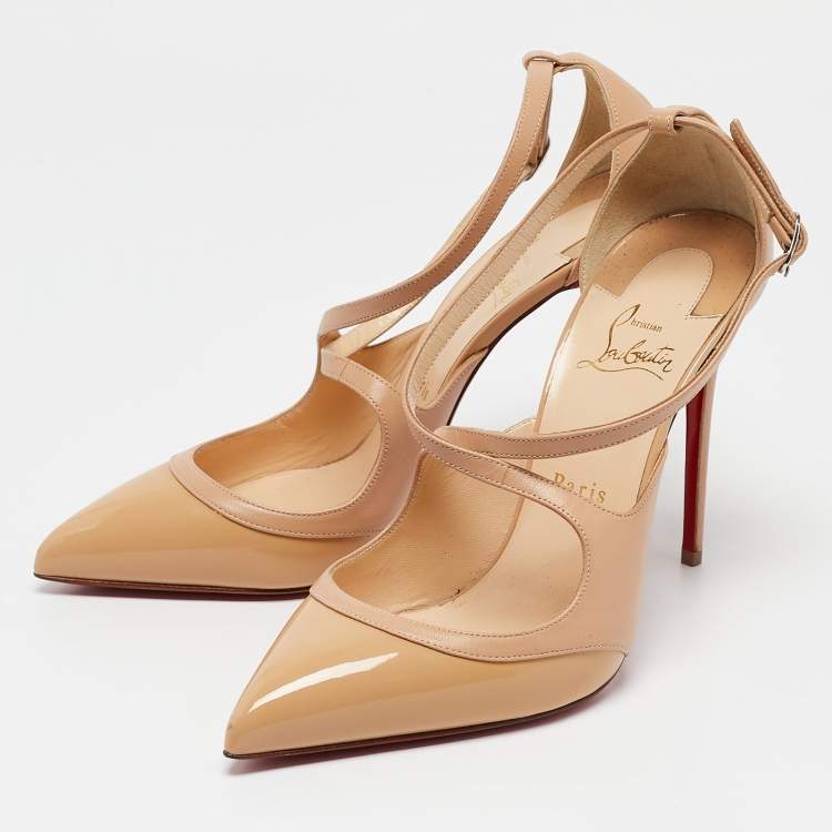 Pre Owned Christian Louboutin Beige Patent Leather Crossfliketa Pumps Size 39