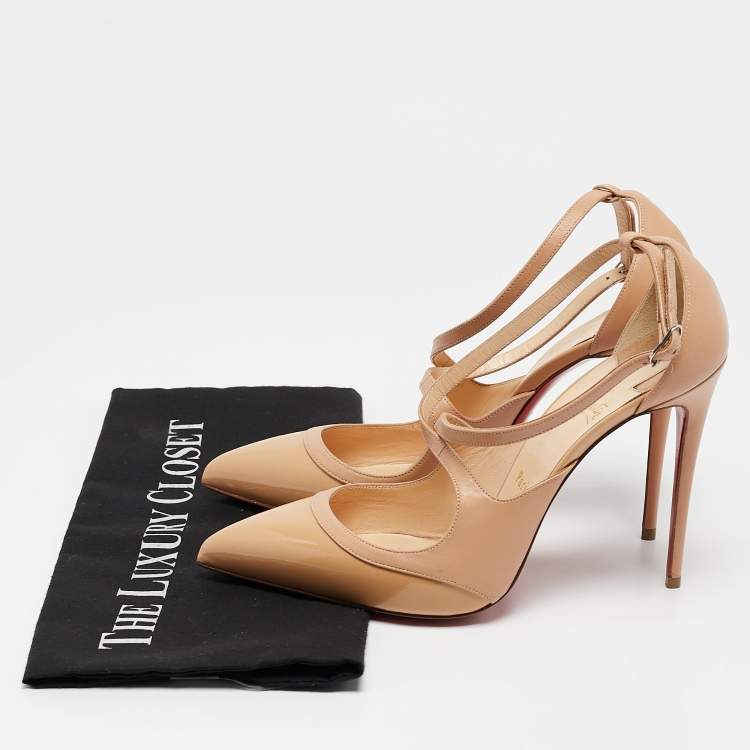 Pre Owned Christian Louboutin Beige Patent Leather Crossfliketa Pumps Size 39