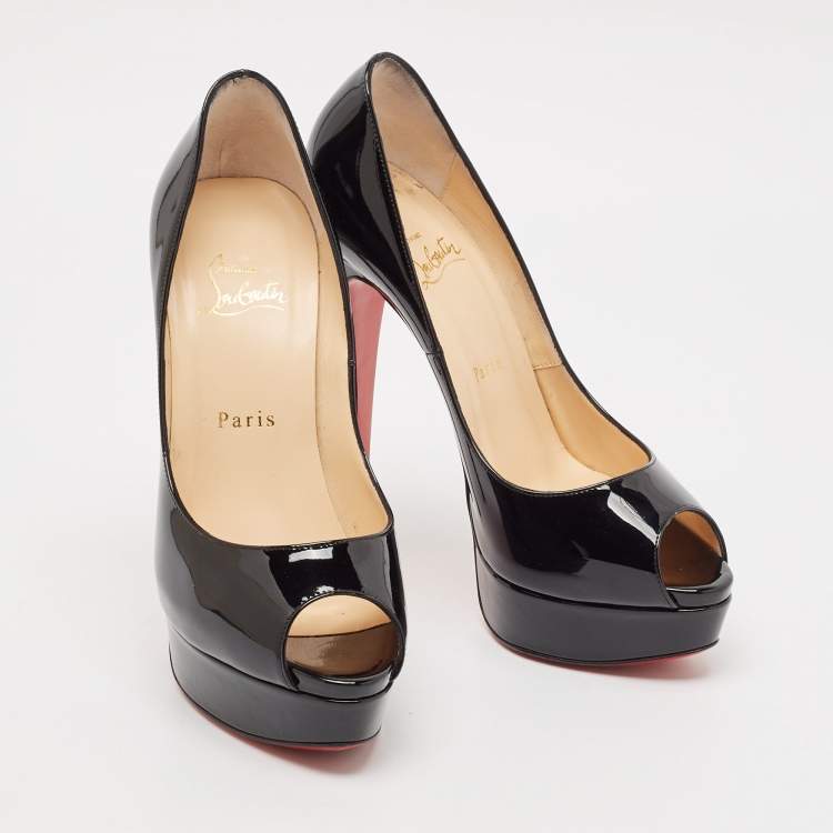 Pre Owned Christian Louboutin Black Patent Leather Lady Peep Pumps Size 38