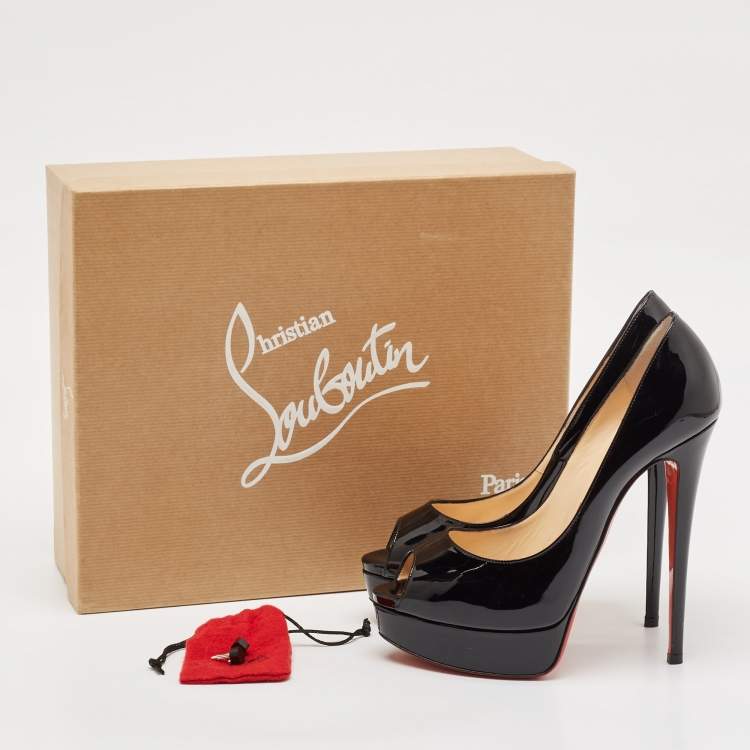 Pre Owned Christian Louboutin Black Patent Leather Lady Peep Pumps Size 38