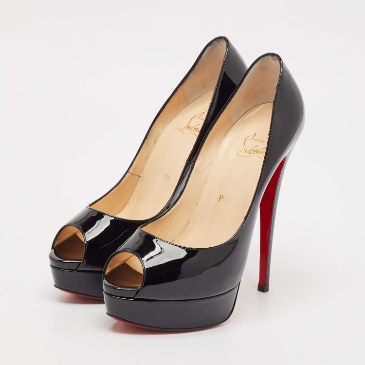 Pre Owned Christian Louboutin Black Patent Leather Lady Peep Pumps Size 38