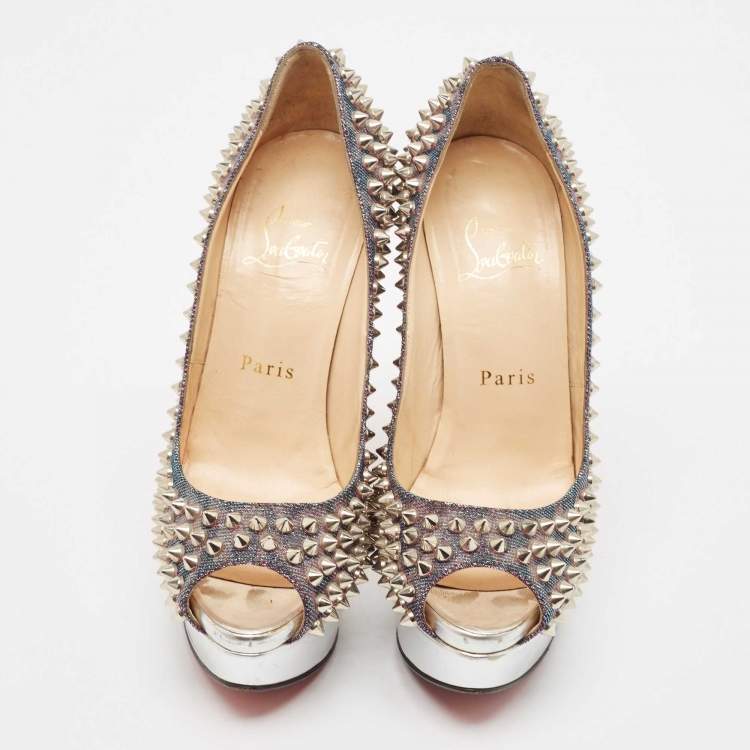 Pre Owned Christian Louboutin Metallic Lurex Fabric Lady Peep Spikes Pumps Size 35.5