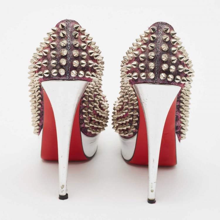 Pre Owned Christian Louboutin Metallic Lurex Fabric Lady Peep Spikes Pumps Size 35.5