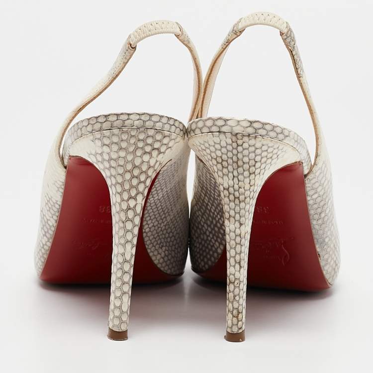Pre Owned Christian Louboutin Cream/Grey Python Embossed Leather Peep Toe Slingback Sandals Size 38