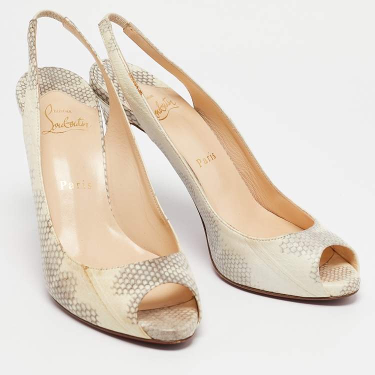 Pre Owned Christian Louboutin Cream/Grey Python Embossed Leather Peep Toe Slingback Sandals Size 38