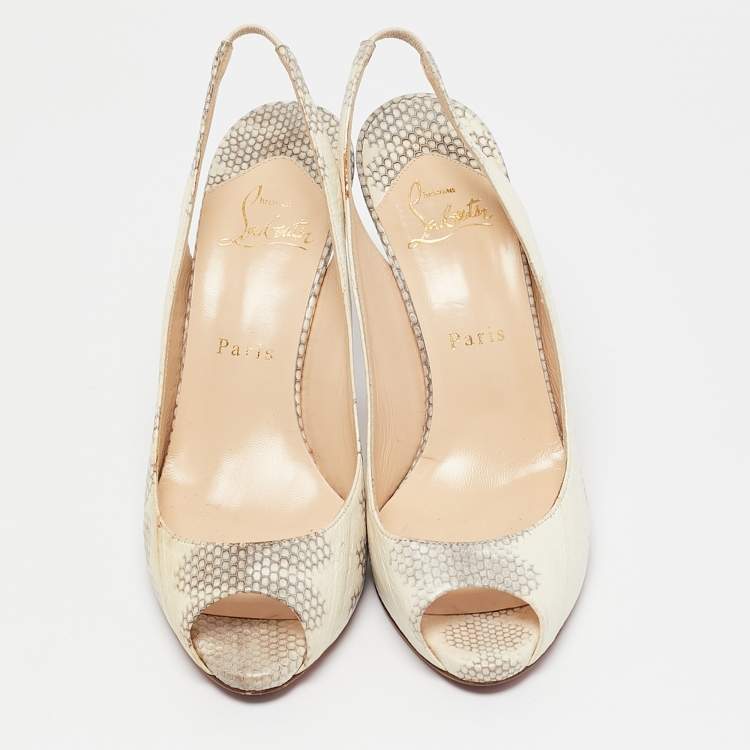 Pre Owned Christian Louboutin Cream/Grey Python Embossed Leather Peep Toe Slingback Sandals Size 38