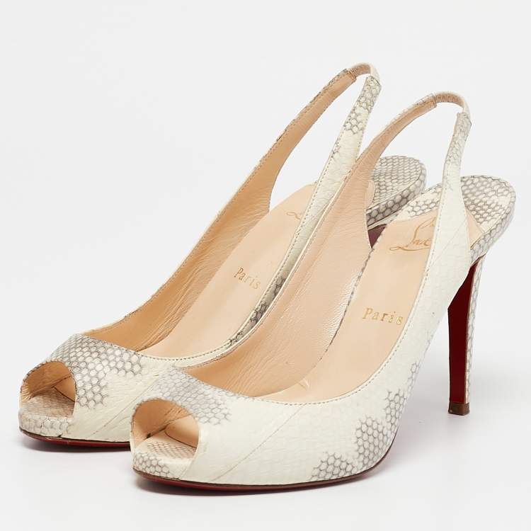 Pre Owned Christian Louboutin Cream/Grey Python Embossed Leather Peep Toe Slingback Sandals Size 38