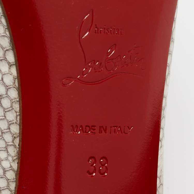 Pre Owned Christian Louboutin Cream/Grey Python Embossed Leather Peep Toe Slingback Sandals Size 38