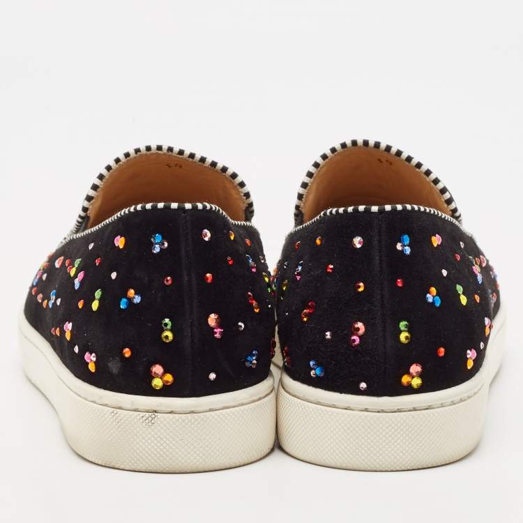 Pre Owned Christian Louboutin Black Suede Crystal Boat Slip On Sneakers Size 40