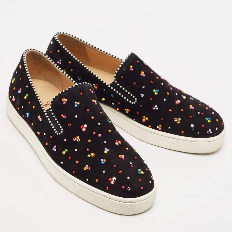 Pre Owned Christian Louboutin Black Suede Crystal Boat Slip On Sneakers Size 40