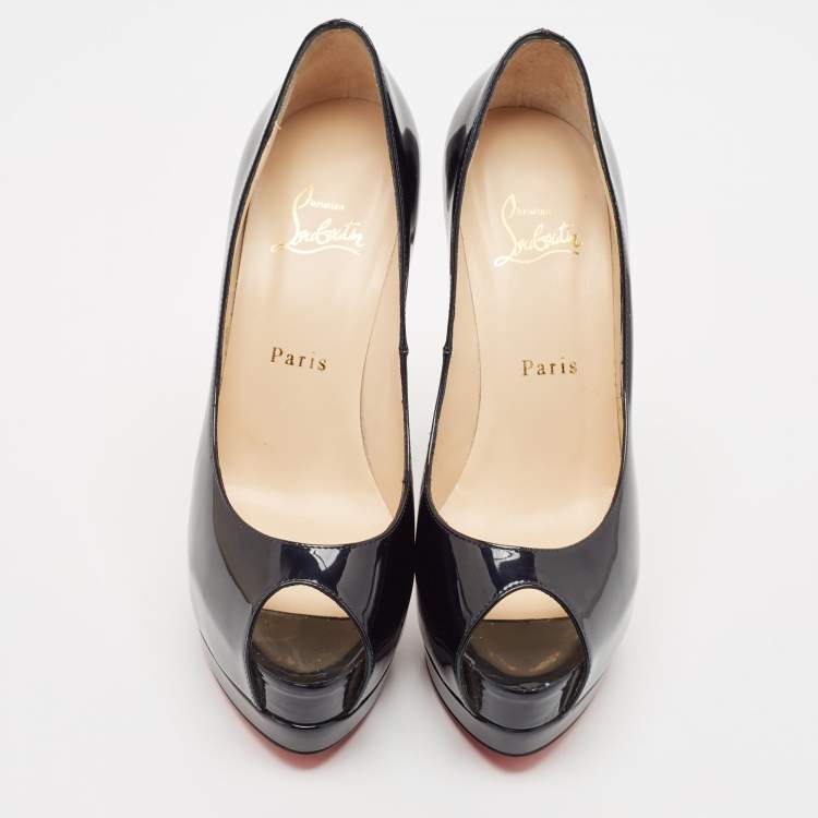 Pre Owned Christian Louboutin Black Patent Leather Palais Royal Peep Toe Platform Pumps Size 38