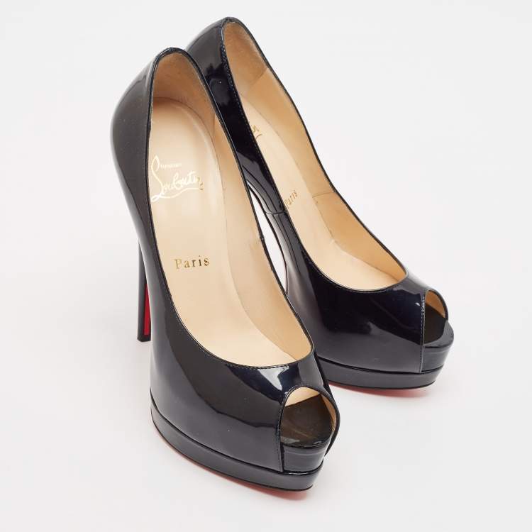 Pre Owned Christian Louboutin Black Patent Leather Palais Royal Peep Toe Platform Pumps Size 38