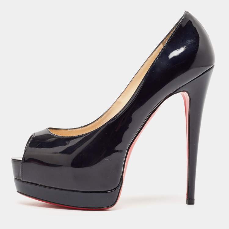 Pre Owned Christian Louboutin Black Patent Leather Palais Royal Peep Toe Platform Pumps Size 38