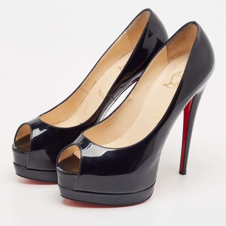 Pre Owned Christian Louboutin Black Patent Leather Palais Royal Peep Toe Platform Pumps Size 38