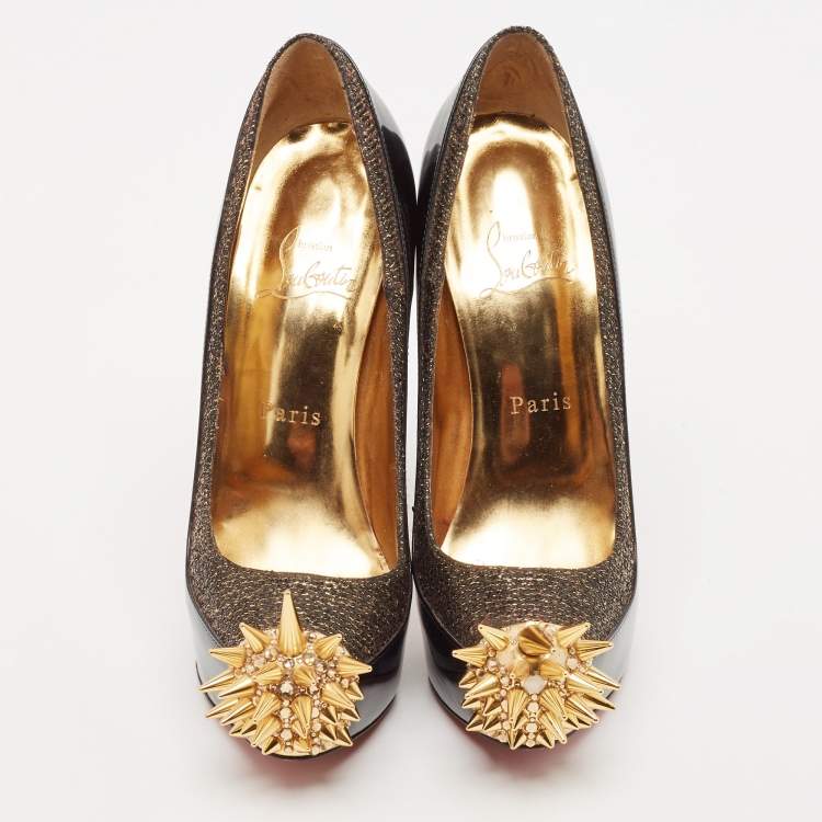 Pre Owned Christian Louboutin Black/Gold Patent Leather and Lurex Fabric Asteroid Spike Pumps Size 36.5