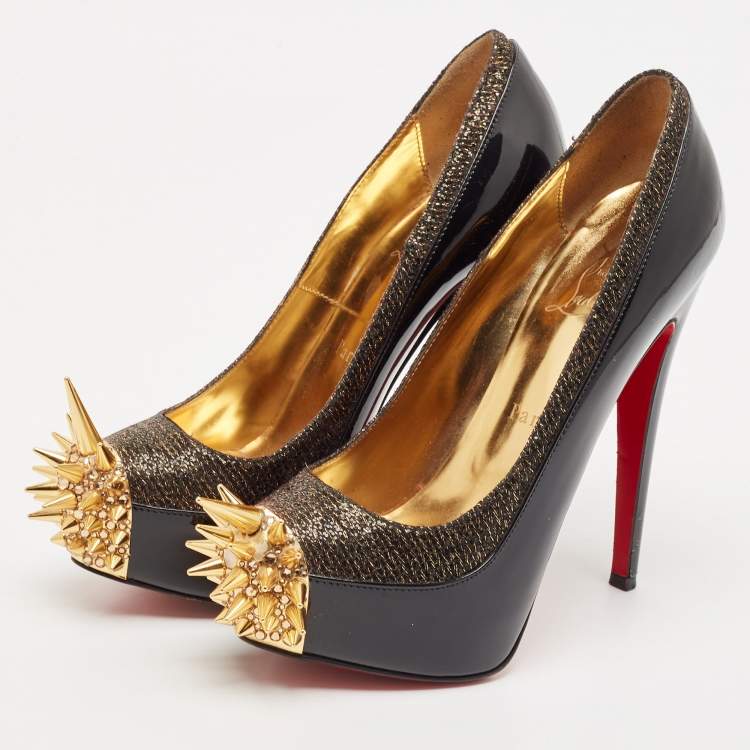 Pre Owned Christian Louboutin Black/Gold Patent Leather and Lurex Fabric Asteroid Spike Pumps Size 36.5