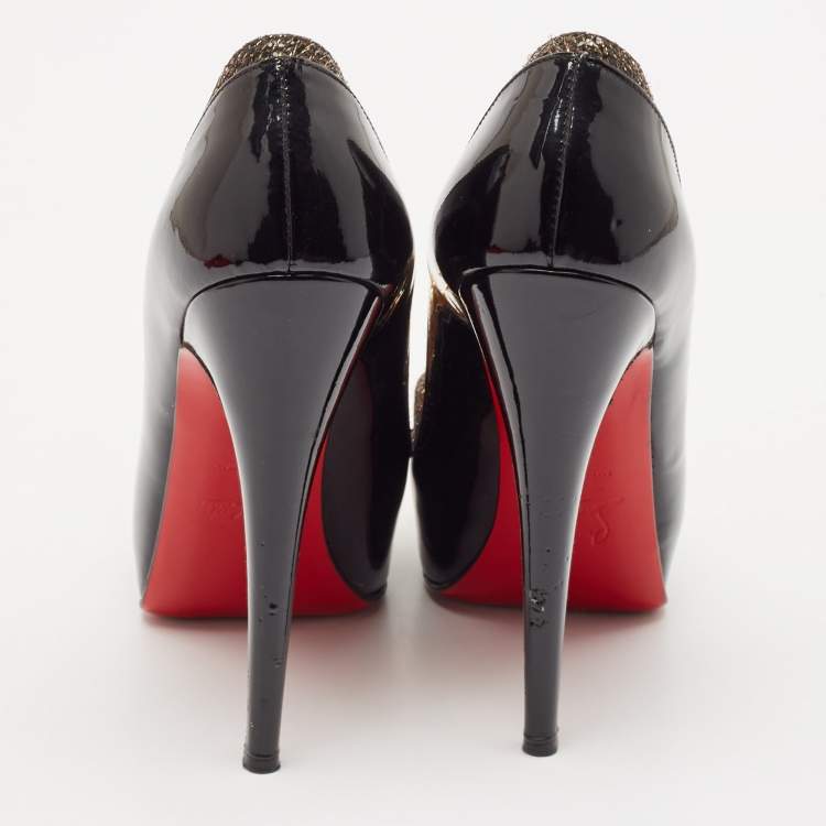 Pre Owned Christian Louboutin Black/Gold Patent Leather and Lurex Fabric Asteroid Spike Pumps Size 36.5
