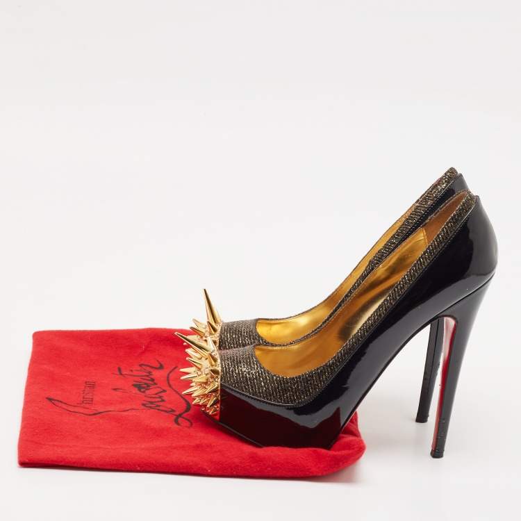 Pre Owned Christian Louboutin Black/Gold Patent Leather and Lurex Fabric Asteroid Spike Pumps Size 36.5