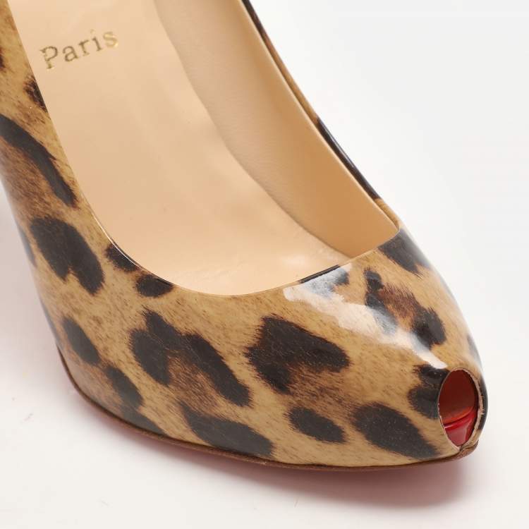 Pre Owned Christian Louboutin Beige Leopard Print Patent Leather Ron Ron Peep Toe Pumps Size 39.5