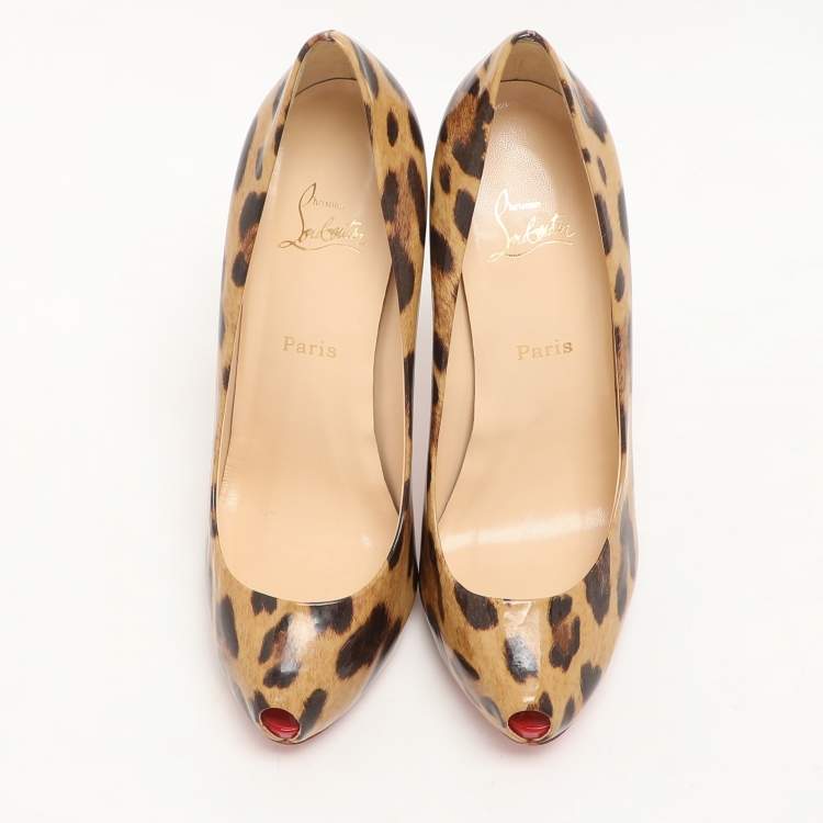 Pre Owned Christian Louboutin Beige Leopard Print Patent Leather Ron Ron Peep Toe Pumps Size 39.5