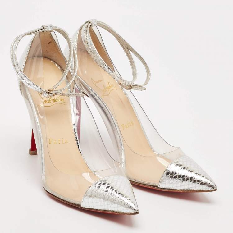 Pre Owned Christian Louboutin Silver PVC and Python Embossed Pigalle Pumps Size 36