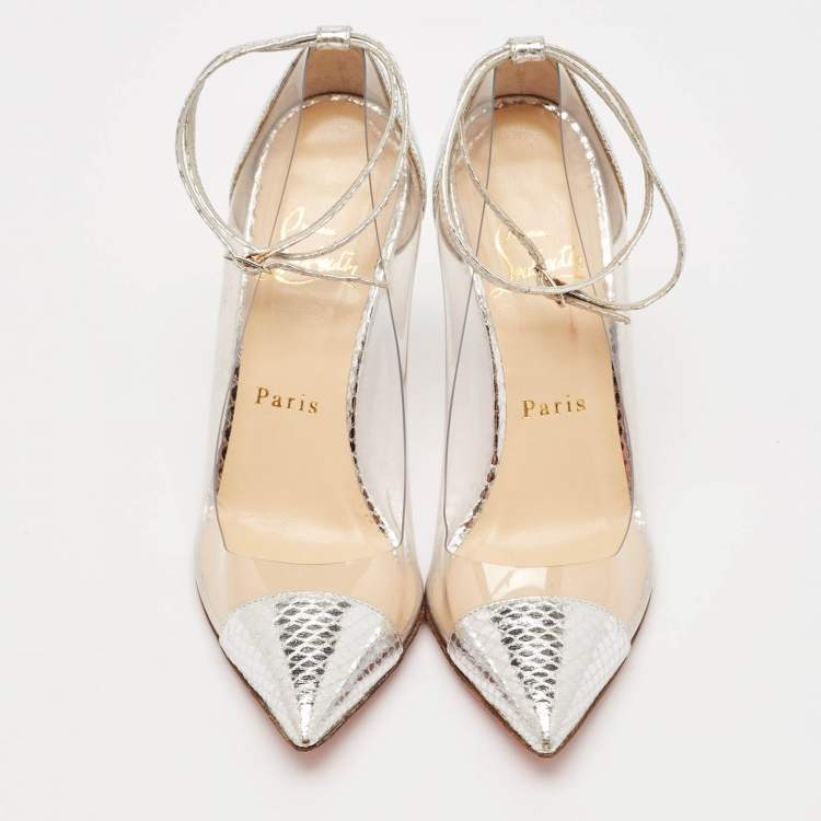 Pre Owned Christian Louboutin Silver PVC and Python Embossed Pigalle Pumps Size 36