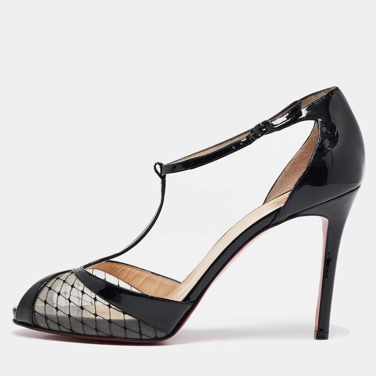Pre Owned Christian Louboutin Black Lace and Mesh Chantilly  T-Strap Sandals Size 40