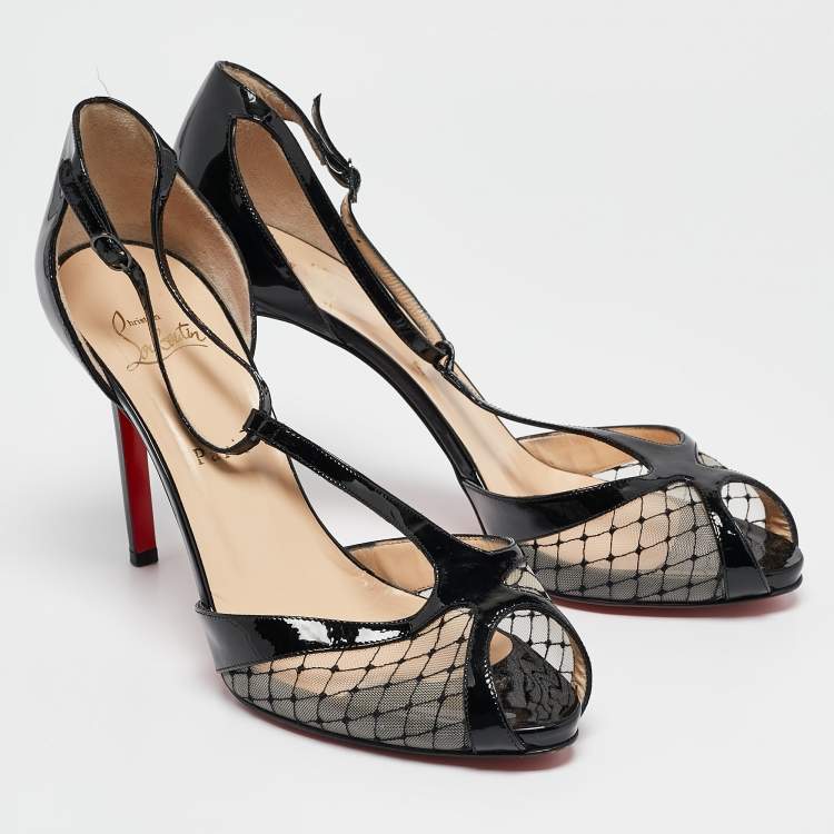 Pre Owned Christian Louboutin Black Lace and Mesh Chantilly  T-Strap Sandals Size 40