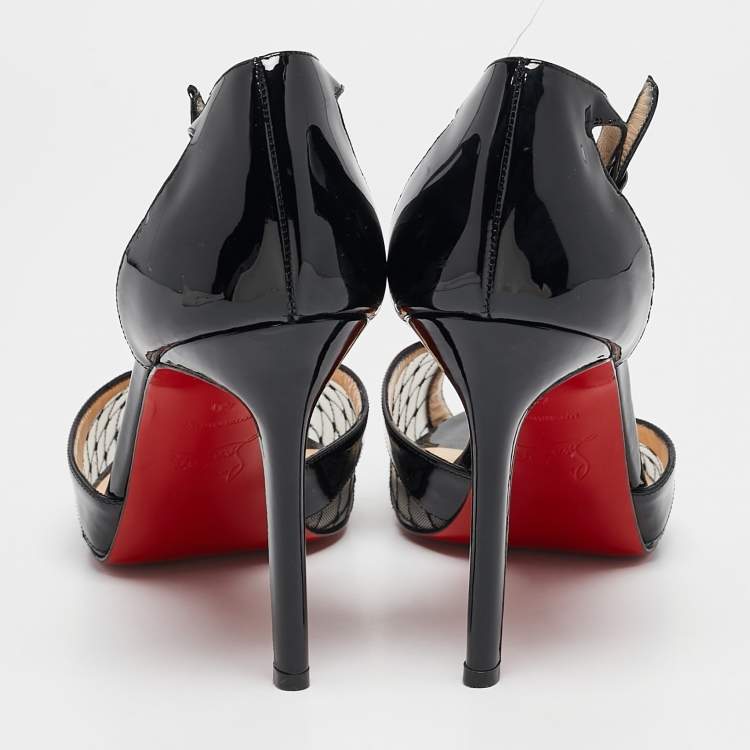 Pre Owned Christian Louboutin Black Lace and Mesh Chantilly  T-Strap Sandals Size 40