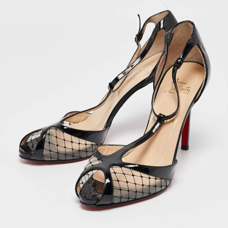 Pre Owned Christian Louboutin Black Lace and Mesh Chantilly  T-Strap Sandals Size 40