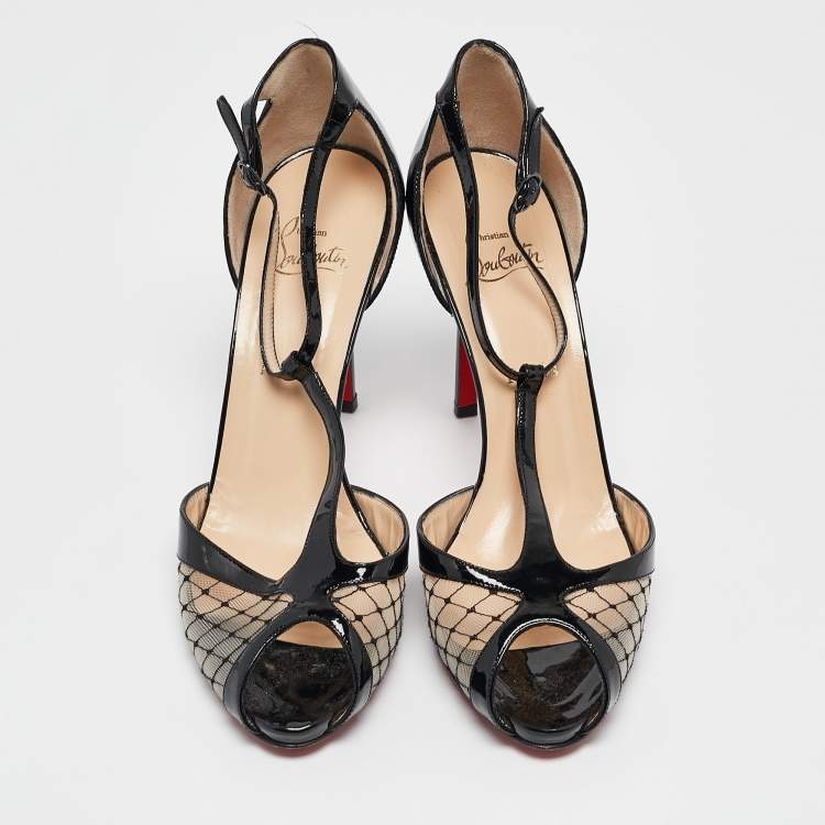 Pre Owned Christian Louboutin Black Lace and Mesh Chantilly  T-Strap Sandals Size 40