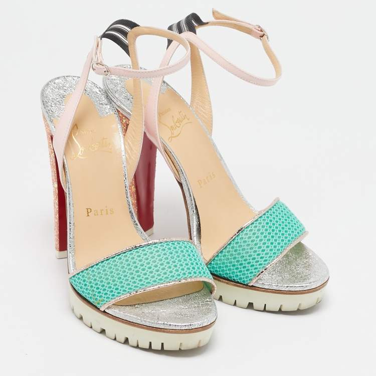 Pre Owned Christian Louboutin Multicolor Mesh and Patent Leather Volumetric Sandals Size 37.5