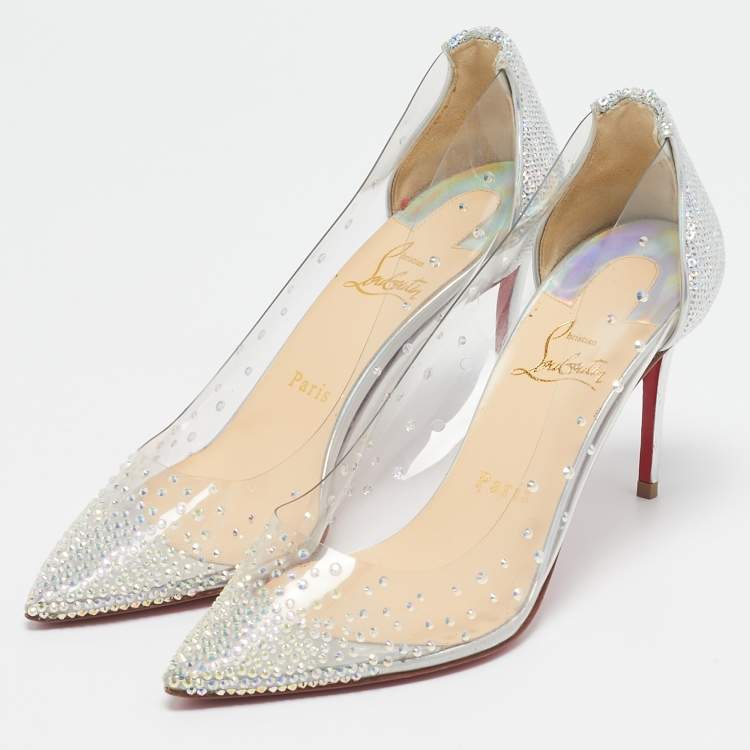 Pre Owned Christian Louboutin Silver Sequins and PVC Degrastrass Pumps Size 38