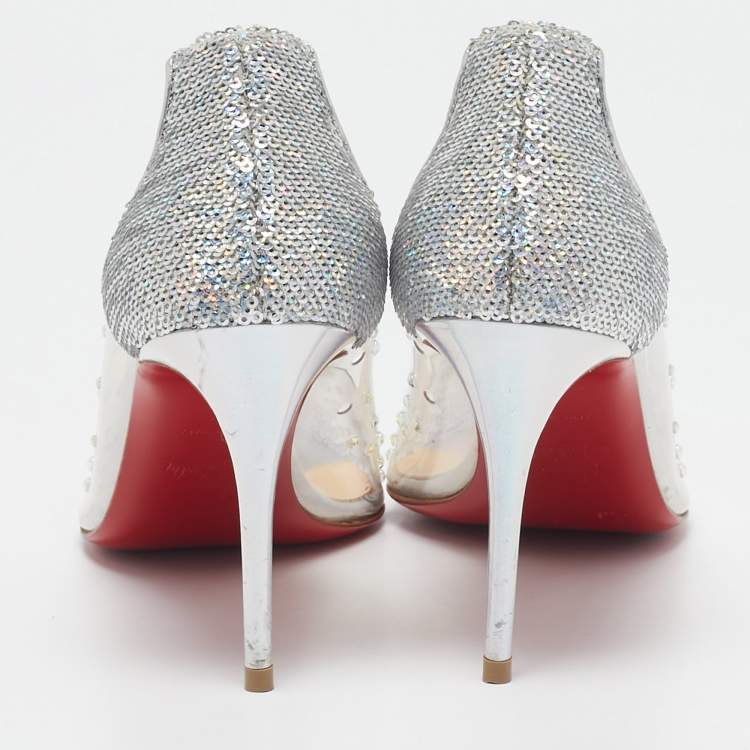 Pre Owned Christian Louboutin Silver Sequins and PVC Degrastrass Pumps Size 38
