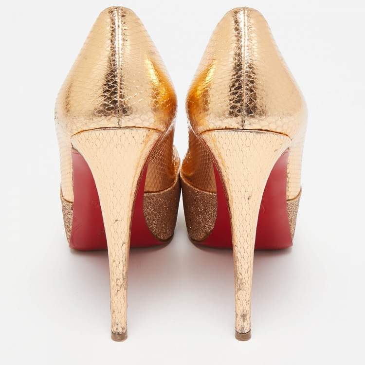 Pre Owned Christian Louboutin Gold Glitter & Snakeskin Embossed Leather Platform Pumps Size 35.5