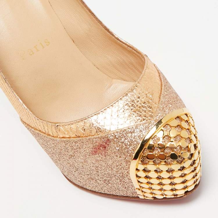 Pre Owned Christian Louboutin Gold Glitter & Snakeskin Embossed Leather Platform Pumps Size 35.5