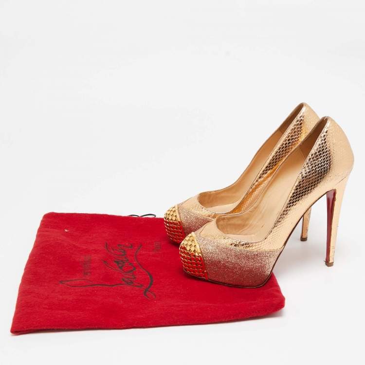 Pre Owned Christian Louboutin Gold Glitter & Snakeskin Embossed Leather Platform Pumps Size 35.5