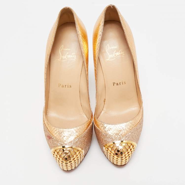 Pre Owned Christian Louboutin Gold Glitter & Snakeskin Embossed Leather Platform Pumps Size 35.5
