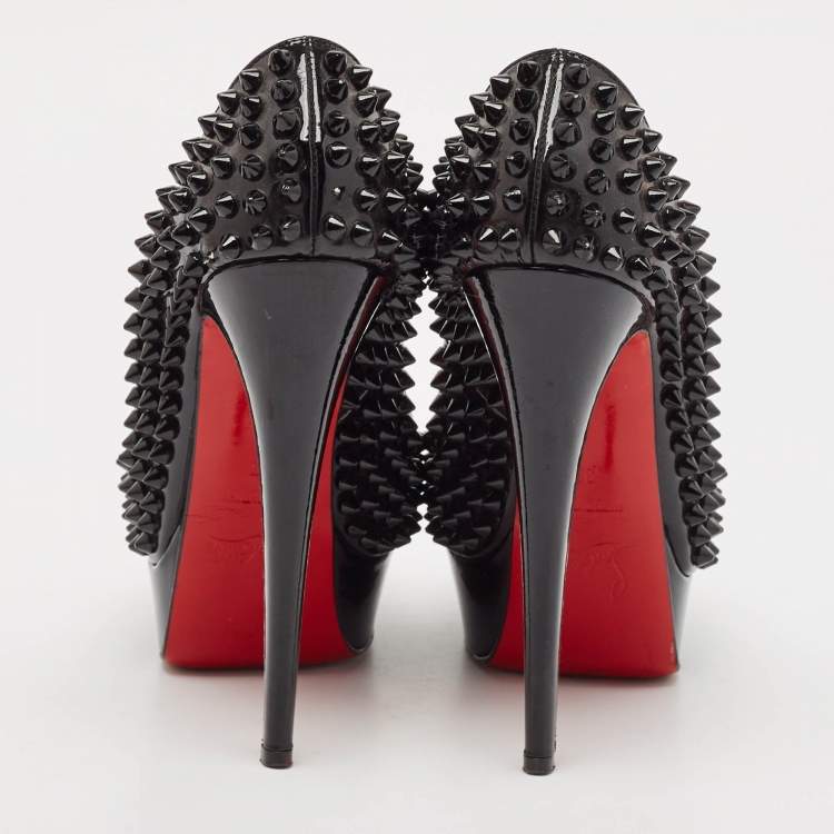 Pre Owned Christian Louboutin Black Patent Lady Peep Spikes Pumps Size 35