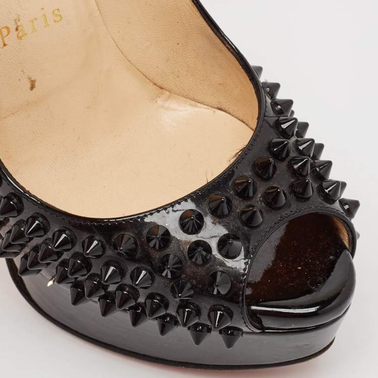 Pre Owned Christian Louboutin Black Patent Lady Peep Spikes Pumps Size 35
