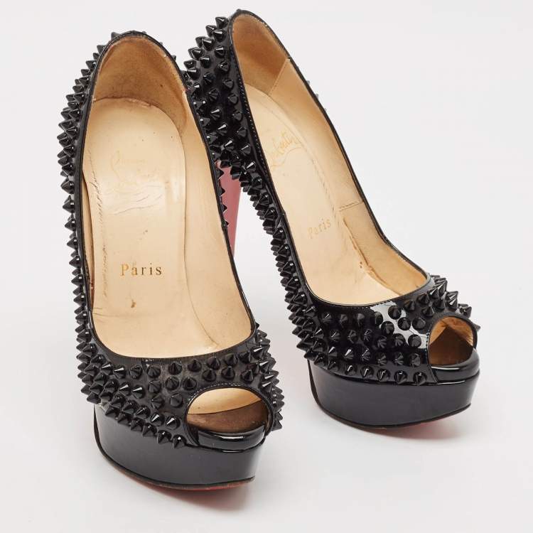Pre Owned Christian Louboutin Black Patent Lady Peep Spikes Pumps Size 35