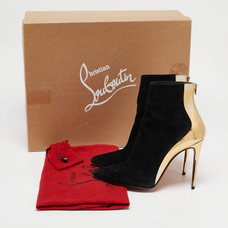 Pre Owned Christian Louboutin Black/Gold Suede and Leather Delicotte Booties Size 36