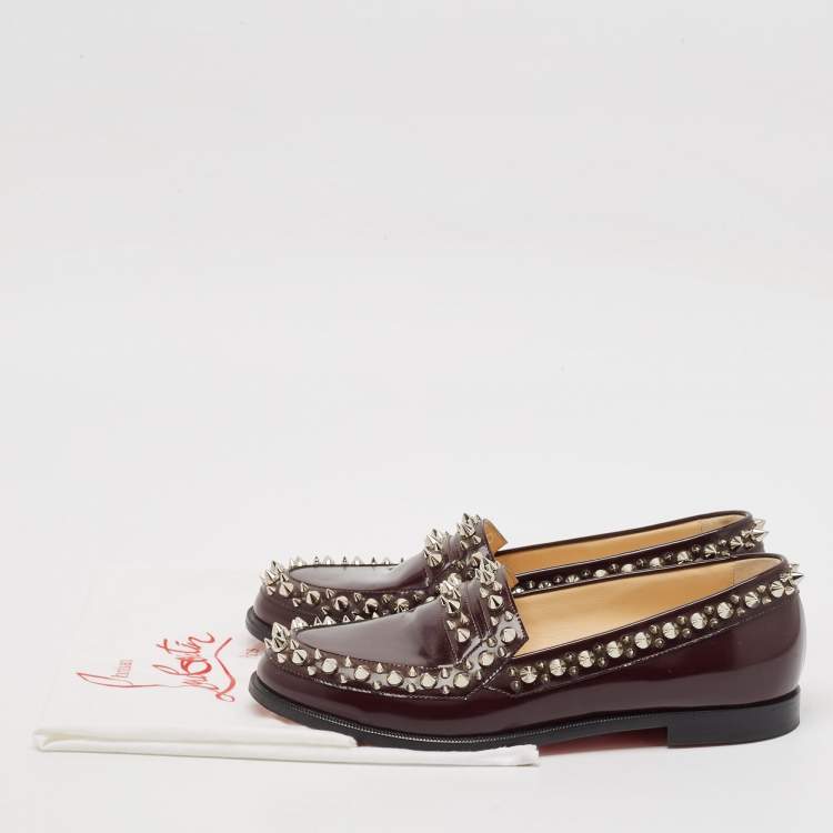 Pre Owned Christian Louboutin Burgundy Leather Spike Embellished Slip On Loafers Size 37