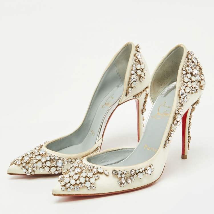 Pre Owned Christian Louboutin White Satin Brodiriza Embellished D'orsay Pumps Size 35.5