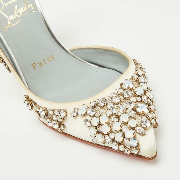 Pre Owned Christian Louboutin White Satin Brodiriza Embellished D'orsay Pumps Size 35.5